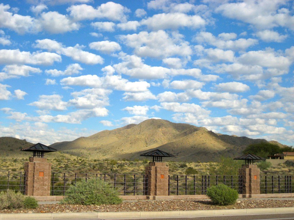 Anthem entry columns with Daisy Mountain behind, Anthem, Arizona